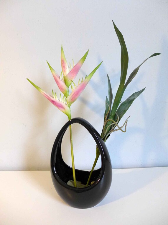 安価 ワタナベ Ikebana Toyo Vintage Vase Basket Orb Black Gloss High 花瓶・フラワースタンド