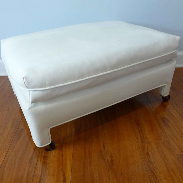 Faux White Leather Ottoman with Casters Parsons Style Vintage Vinyl Pillow Top Foot Stool Mid Century Modern Rolling Bench with Piping