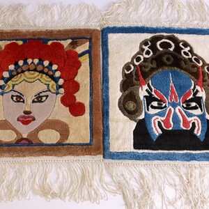 Geisha and Samurai Silk Rug Wall Hangings Vintage Small Plush Oriental Rugs with Delicate Fringe Asian Decor Japan Wall Art image 4