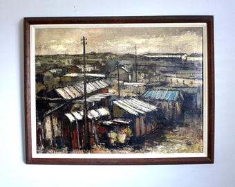 Pintura al óleo original de Francois Franc firmada en 1966, Mercado de pulgas de París, Marche aux Puces, enmarcada, arte expresionista francés, industrial, mediados de siglo.