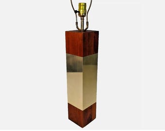 Laurel Rosewood and Chrome Tall Table Lamp Mid Century Modern Solid Wood Square Column Lighting Hollywood Regency Mirror Lamp