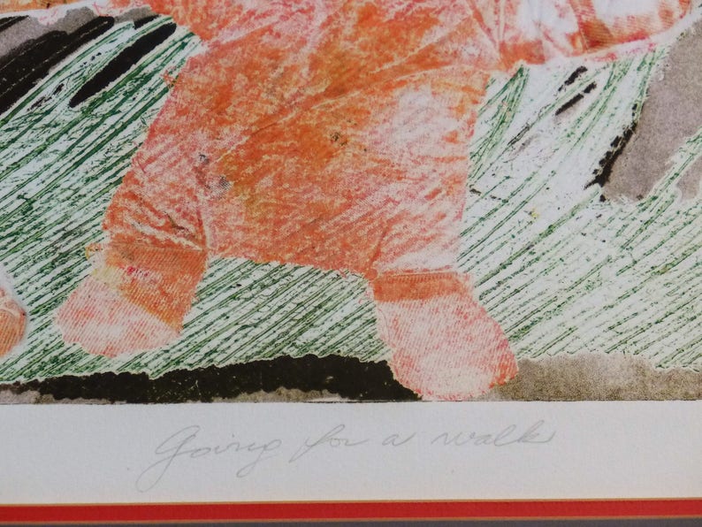 Going For A Walk by Yana Bem Signed Monoprint Original Modern Art Paper Dolls Red Lacquer Frame Asian Inspired One of a Kind Jana Bemova