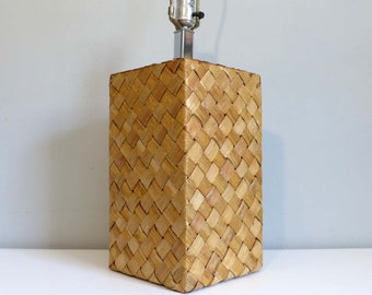 Raymor Woven Rattan and Chrome Tall Table Lamp Mid Century Modern 1960s Basket Weave Rush Column Lighting Designer Signed Tropical Coastal