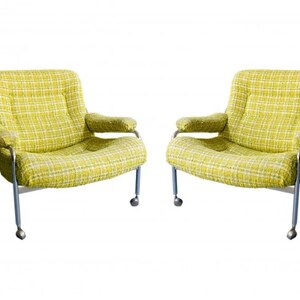 Pair of Swedish Chrome Lounge Chairs Vintage Broderna Anderssons Yellow Plaid Club Chairs Attributed Bruno Mathsson Rolling Plush Armchairs