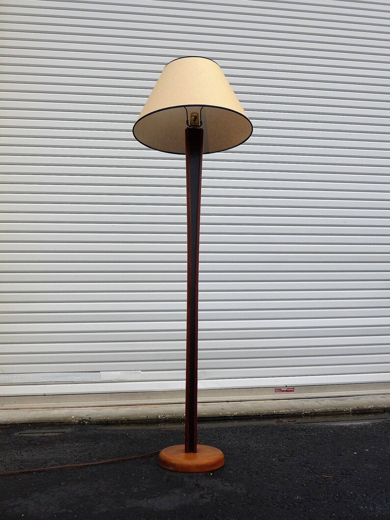 Teak Floor Lamp With Black Inset V Danish Modern Design Medium Warm Finish Tall Mid Century Light Turned Base