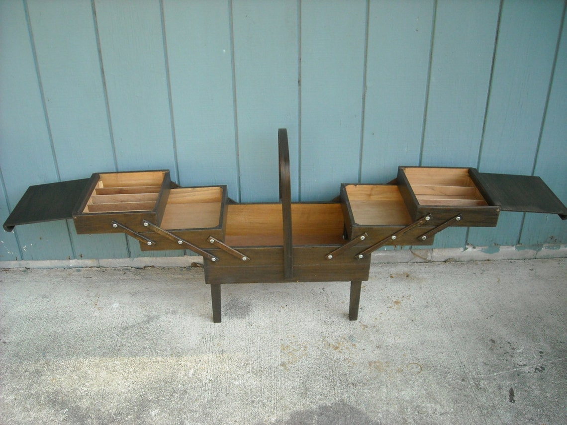 Singer Wood Accordion Style Sewing Box on Legs Folding Storage Etsy