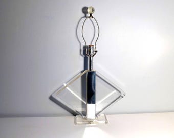 George Bullio Diamond Lucite Lamp Mirror Chrome Inset Thick Hollywood Regency Table Lamp Mid Century Modern Karl Springer Era Designer