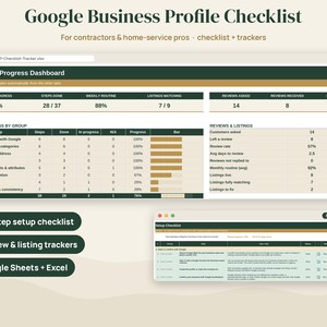 Google Business Profile Checklist for Contractors, Local SEO Tracker, Google Sheets Excel, Review Tracker, Plumber HVAC Roofer Template