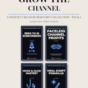 May include: A set of four digital ebooks titled Grow The Channel 2026 Edition, Content Creator Mastery Collection Pack 1. The covers are black with blue neon-style icons and text, including Zero to 1K Subscribers, Faceless Channel Profits, Hook & Click Mastery, and Viral Script Formulas.
