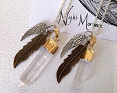 Quartz crystal pendant gold plated with bronze and silver charms - necklace