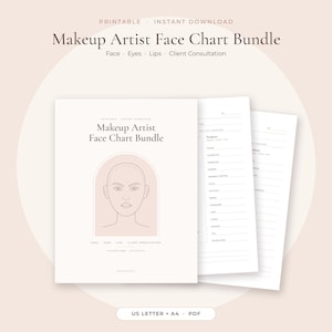 May include: A digital makeup artist face chart bundle featuring a printable document with a line drawing of a face inside an arch. The pages include sections for face, eyes, lips, and client consultation notes with text labels in black ink.