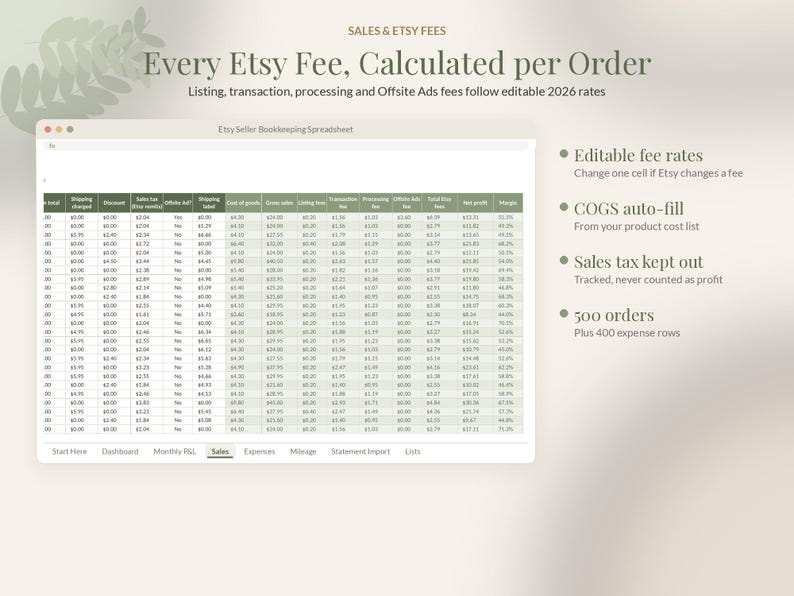 Hoja de cálculo de contabilidad de Etsy en Google Sheets, Rastreador de ganancias de vendedores de Etsy, Calculadora de tarifas, Plantilla de impuestos sobre ingresos y gastos, Pequeña empresa imagen 3