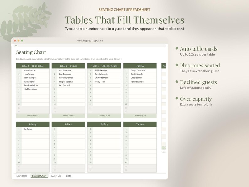 Wedding Seating Chart Template Editable, Seating Plan Google Sheets Excel, Round Table Planner, Reception Guest Seating image 2