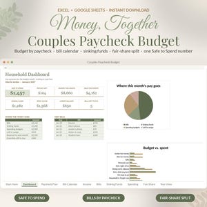 Couples Budget Spreadsheet, Paycheck Planner, Bill Calendar, Sinking Funds, Household Finances, Google Sheets Excel