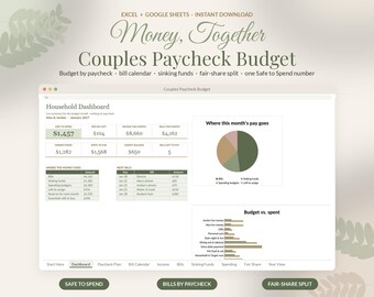 Couples Budget Spreadsheet, Paycheck Planner, Bill Calendar, Sinking Funds, Household Finances, Google Sheets Excel