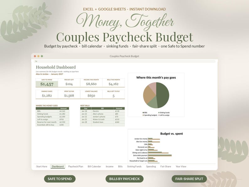 Puede incluir: Una hoja de c&aacute;lculo de presupuesto digital titulada Money, Together Couples Paycheck Budget para Excel y Google Sheets. El panel muestra un resumen del hogar, un gr&aacute;fico circular de gastos, una lista de facturas y un gr&aacute;fico.