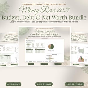 Budget Spreadsheet Bundle, Paycheck Planner, Debt Payoff Snowball, Net Worth Tracker, Google Sheets Excel