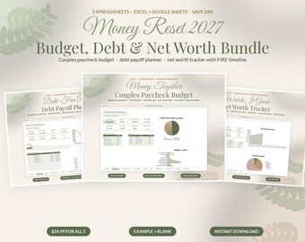 Budget Spreadsheet Bundle, Paycheck Planner, Debt Payoff Snowball, Net Worth Tracker, Google Sheets Excel