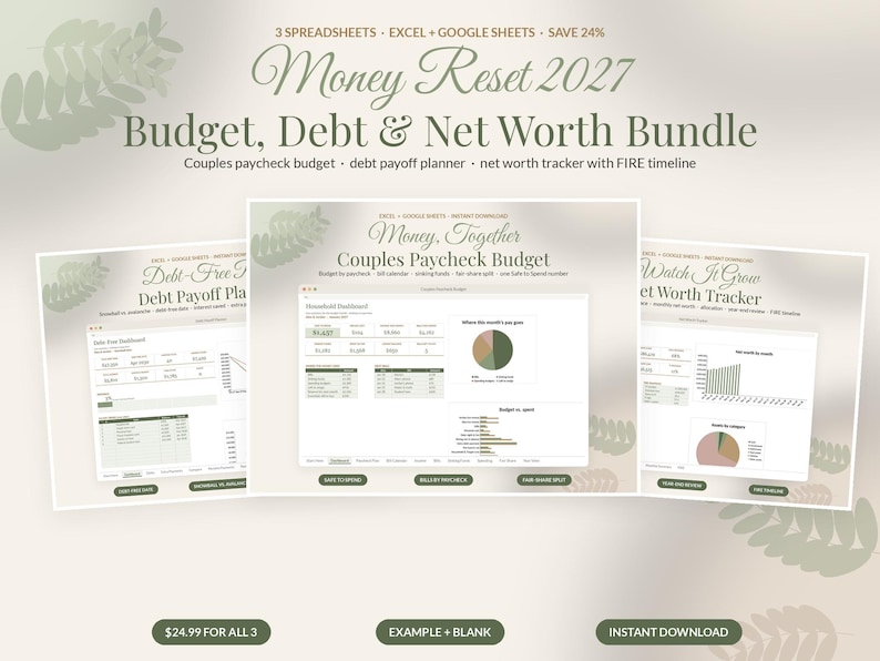 Budget Spreadsheet Bundle, Paycheck Planner, Debt Payoff Snowball, Net Worth Tracker, Google Sheets Excel image 1