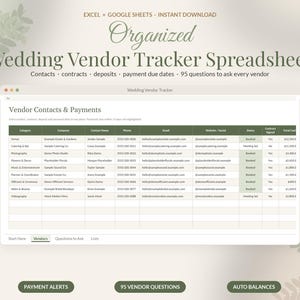 Pu&ograve; includere: Un foglio di calcolo digitale per il monitoraggio dei fornitori di matrimoni visualizzato su uno schermo di computer. La tabella include colonne per categoria, azienda, nome del contatto, telefono, email, sito web, stato e costo totale.