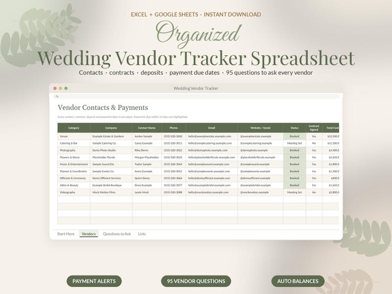 Pu&ograve; includere: Un foglio di calcolo digitale per il monitoraggio dei fornitori di matrimoni visualizzato su uno schermo di computer. La tabella include colonne per categoria, azienda, nome del contatto, telefono, email, sito web, stato e costo totale.