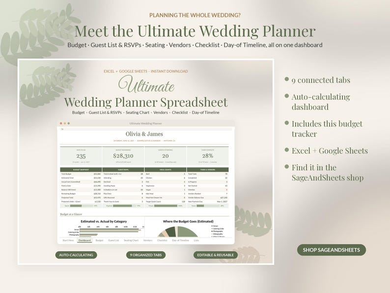May include: A digital wedding planner spreadsheet for Excel and Google Sheets featuring a dashboard with budget tracking, guest lists, and vendor management. The interface displays data for Olivia & James with charts, tables, and nine organized tabs.