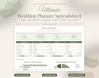 Foglio di calcolo per la pianificazione del matrimonio su Google Sheets, budget per le nozze, lista degli invitati, lista di controllo, cronologia, modello completo per la pianificazione del matrimonio