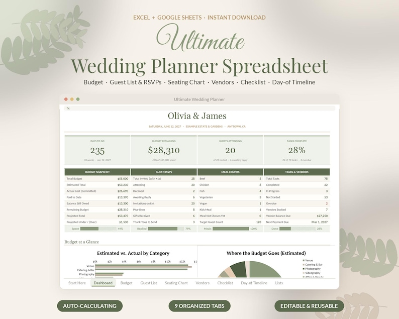 結婚式プランナー用スプレッドシート（​​Googleスプレッドシート）、結婚式予算、ゲストリスト、チェックリスト、タイムライン、オールインワンの結婚式プランニングテンプレート 画像 1