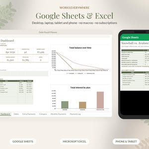 May include: A digital debt payoff planner template for Google Sheets and Excel displayed on a computer screen and smartphone. The interface features a Debt-Free Dashboard with financial charts, progress bars, and tables comparing Snowball versus Avalanche repayment methods.