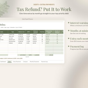 May include: A digital debt payoff planner spreadsheet interface featuring columns for debt name, type, balance, APR, minimum payment, due day, interest, and months at minimum. Text includes Tax Refund? Put It to Work and feature lists.