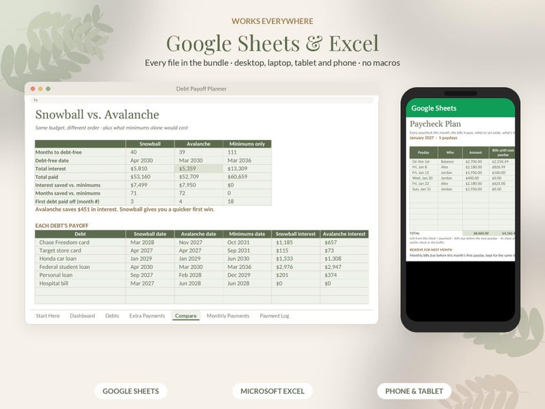 Budget Spreadsheet Bundle, Paycheck Planner, Debt Payoff Snowball, Net Worth Tracker, Google Sheets Excel image 8