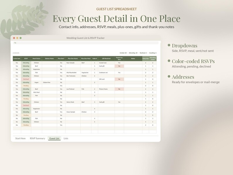 Wedding Guest List Template Google Sheets, RSVP Tracker Spreadsheet, Guest List Excel, Meal Choice Count, Address List image 3