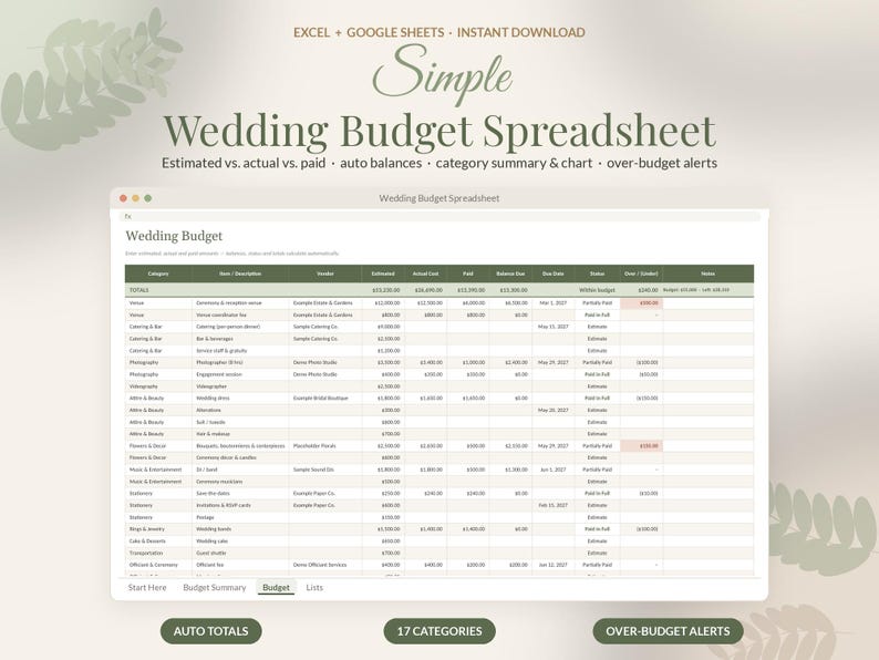 May include: A digital wedding budget spreadsheet template for Excel and Google Sheets. The interface displays columns for category, description, vendor, estimated, actual, paid, balance, due date, status, and notes with olive green headers.