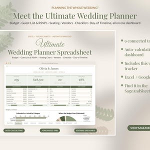 Pu&ograve; includere: Un foglio di calcolo digitale per l'organizzazione di matrimoni per Excel e Google Sheets con una dashboard a calcolo automatico per budget, lista degli invitati e fornitori. L'interfaccia mostra Olivia & James, riepiloghi di budget e grafici in verde salvia.