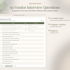 Pu&ograve; includere: Un foglio di calcolo digitale intitolato 95 Vendor Interview Questions con una tabella che include colonne per tipo di fornitore, domande, stato e note. L'interfaccia presenta schede di navigazione e descrive 13 tipi di fornitori.