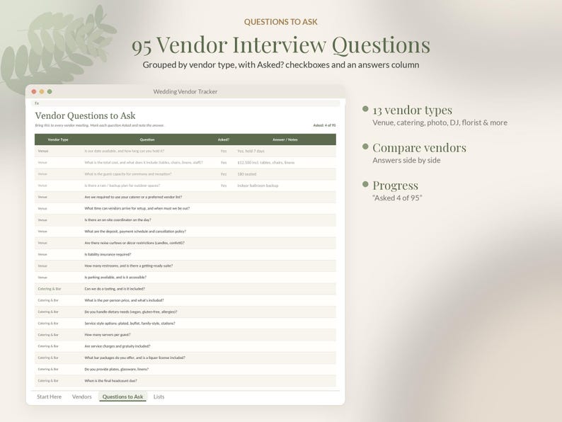 Pu&ograve; includere: Un foglio di calcolo digitale intitolato 95 Vendor Interview Questions con una tabella che include colonne per tipo di fornitore, domande, stato e note. L'interfaccia presenta schede di navigazione e descrive 13 tipi di fornitori.