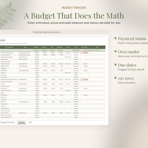 May include: A digital wedding budget tracker spreadsheet featuring columns for categories, estimated costs, actual costs, paid amounts, balances, due dates, and payment status. The interface includes text labels for payment status, over/under calculations, due dates, and 150 rows.