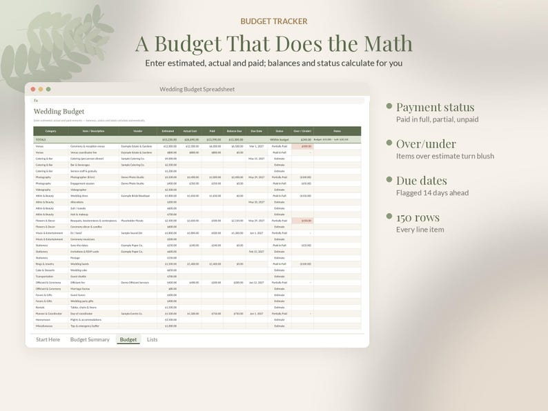 May include: A digital wedding budget tracker spreadsheet featuring columns for categories, estimated costs, actual costs, paid amounts, balances, due dates, and payment status. The interface includes text labels for payment status, over/under calculations, due dates, and 150 rows.