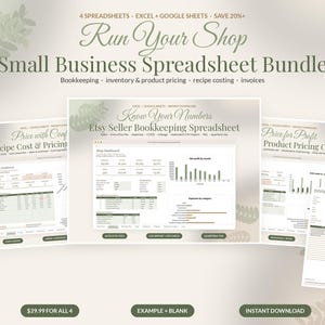 May include: A digital bundle of four spreadsheets for small business management, including bookkeeping, inventory, product pricing, recipe costing, and invoices. The graphics display dashboards for Excel and Google Sheets with charts, tables, and financial data labeled with text like Run Your Shop, Know Your Numbers, and Etsy Seller Bookkeeping Spreadsheet.