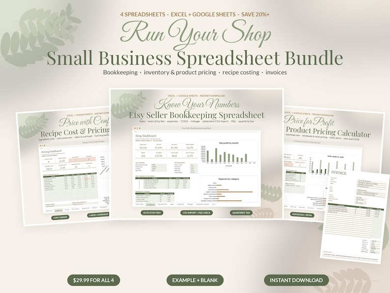 May include: A digital bundle of four spreadsheets for small business management, including bookkeeping, inventory, product pricing, recipe costing, and invoices. The graphics display dashboards for Excel and Google Sheets with charts, tables, and financial data labeled with text like Run Your Shop, Know Your Numbers, and Etsy Seller Bookkeeping Spreadsheet.