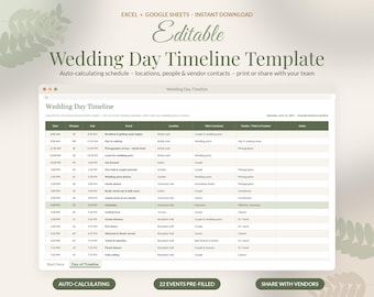 Modello di cronologia del giorno del matrimonio modificabile, itinerario del matrimonio su Google Sheets, programma del giorno in Excel, scaletta della giornata, cronologia del fotografo