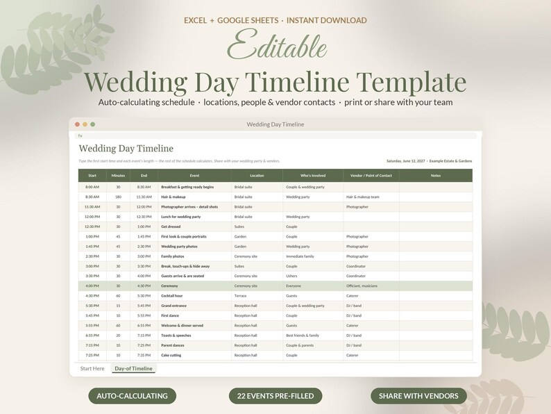 Wedding Day Timeline Template Editable, Wedding Itinerary Google Sheets, Day of Schedule Excel, Run of Show, Photographer Timeline image 1