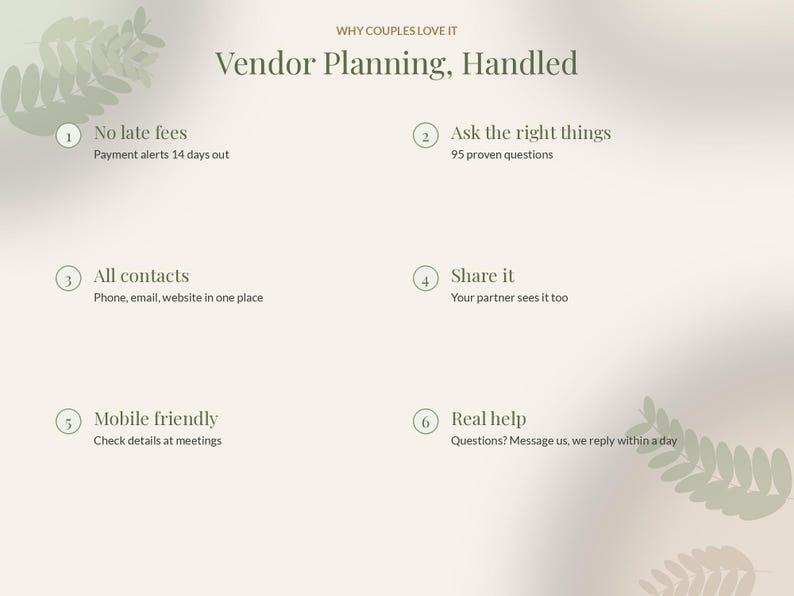 Pu&ograve; includere: Un grafico informativo intitolato Why Couples Love It e Vendor Planning, Handled. Elenca sei punti numerati: No late fees, Ask the right things, All contacts, Share it, Mobile friendly e Real help, con dettagli esplicativi.