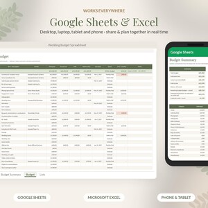 May include: A digital wedding budget spreadsheet displayed on a desktop monitor and a smartphone screen. The interface shows columns for categories, descriptions, estimated costs, and actual expenses, with the text Google Sheets & Excel visible.