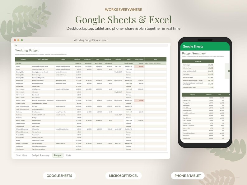 May include: A digital wedding budget spreadsheet displayed on a desktop monitor and a smartphone screen. The interface shows columns for categories, descriptions, estimated costs, and actual expenses, with the text Google Sheets & Excel visible.