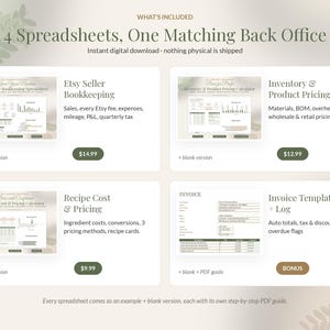 May include: A digital product set titled 4 Spreadsheets, One Matching Back Office, featuring four spreadsheet templates: Etsy Seller Bookkeeping, Inventory & Product Pricing, Recipe Cost & Pricing, and an Invoice Template & Log.