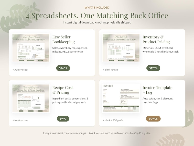 May include: A digital product set titled 4 Spreadsheets, One Matching Back Office, featuring four spreadsheet templates: Etsy Seller Bookkeeping, Inventory & Product Pricing, Recipe Cost & Pricing, and an Invoice Template & Log.