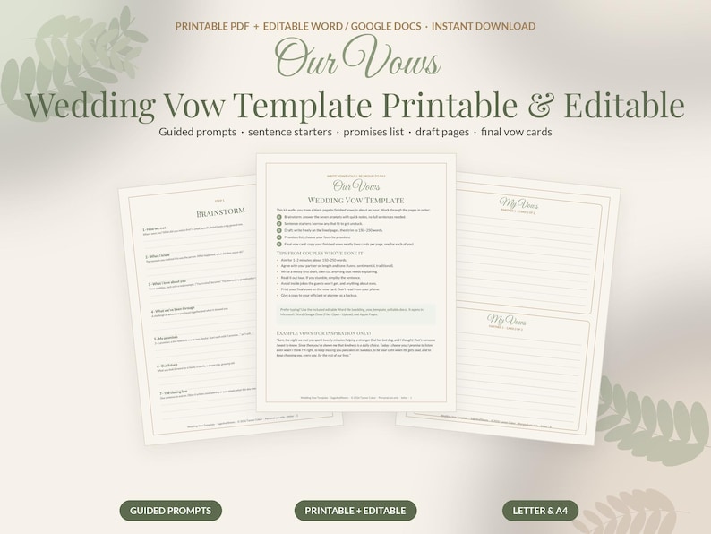 Wedding Vow Template for Him and Her, Editable Vow Writing Guide, Printable Vow Cards, How to Write Wedding Vows Worksheet image 1