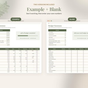 May include: Two digital wedding budget spreadsheet templates displayed side-by-side. The left version shows an example with filled data, while the right version is blank. Both feature a Budget Summary section, a progress bar, and a detailed table with categories like Venue, Catering, and Photography.