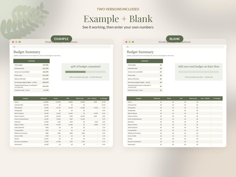 May include: Two digital wedding budget spreadsheet templates displayed side-by-side. The left version shows an example with filled data, while the right version is blank. Both feature a Budget Summary section, a progress bar, and a detailed table with categories like Venue, Catering, and Photography.